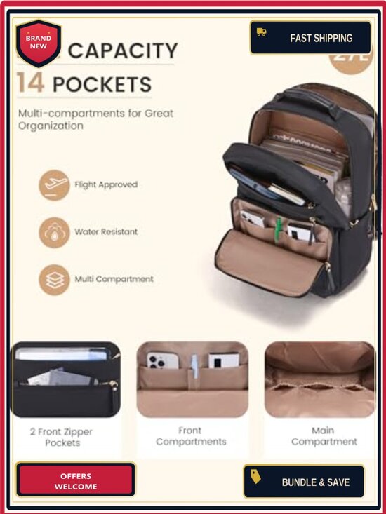 Laptop Backpack for Women with Leather Trim, 15.6\
